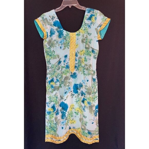 Vtg Handmade Asian Inspired Gold Trim Side Slit Sheath Dress Small Medium Floral - Picture 1 of 8